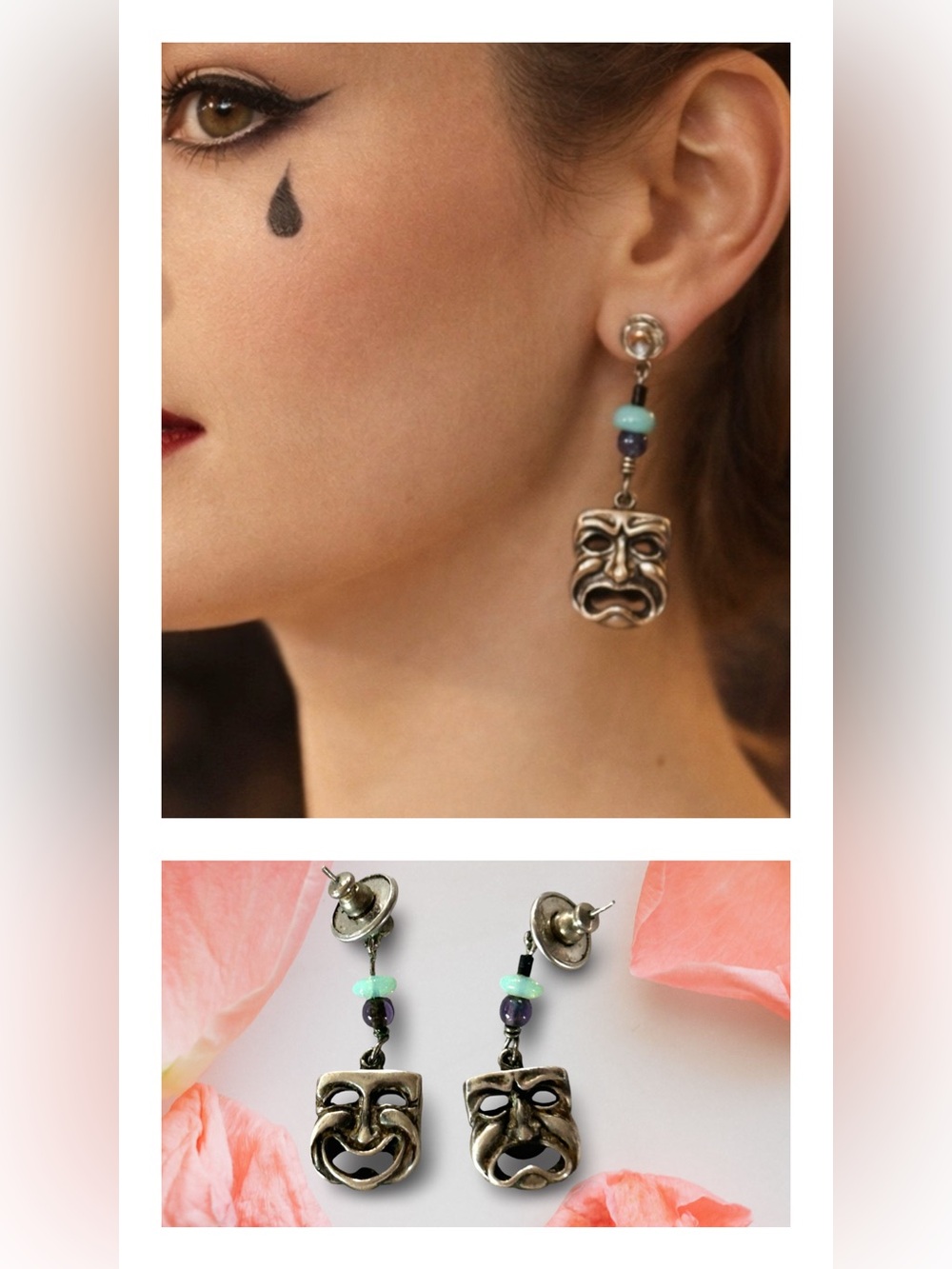 Silver Comedy and Tragedy Mask Earrings